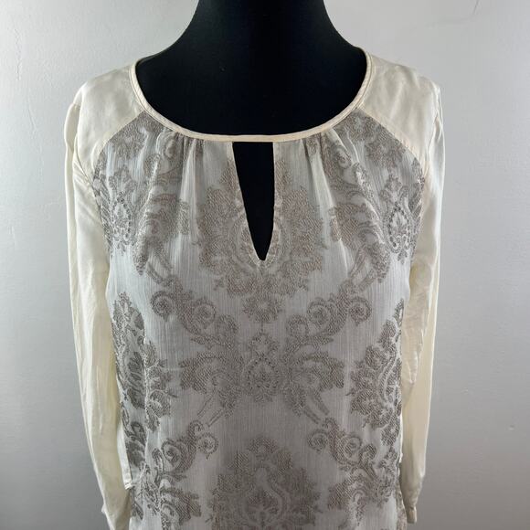 SUNDANCE Embroidered Silk Blouse Keyhole Long Sleeve Cream Top Size M Medium - Picture 3 of 7